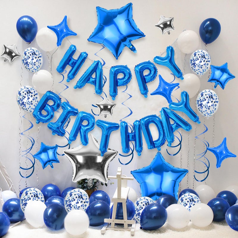 SPFYunion 56 قطعة من بالونات عيد الميلاد السعيد، لافتة عيد ميلاد سعيد، بالونات فضية وسوداء للأولاد والرجال والفتيات والنساء 16 و18 و20 و21 و25 و30 و40 و50 و60 من زخارف حفلات أعياد الميلاد (أزرق) - Image 3